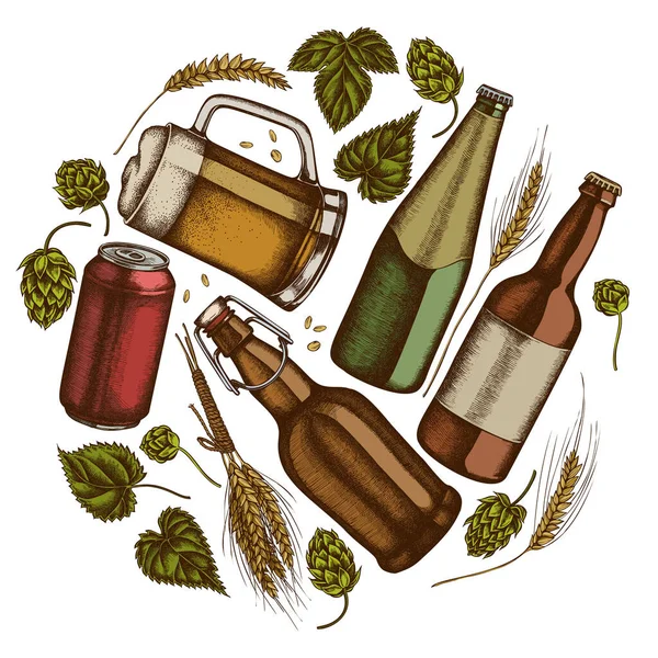 Στρογγυλό σχεδιασμό με έγχρωμη σίκαλη, λυκίσκου, κούπα της μπύρας, μπουκάλια μπύρας, δοχείο αλουμινίου — Διανυσματικό Αρχείο