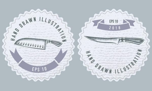 Monochrome labels design with illustration of Chef s knifes