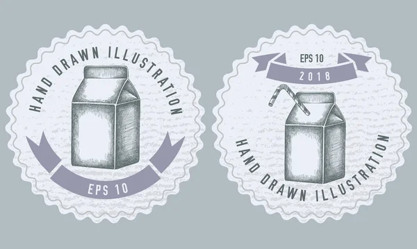 Desenho de etiquetas monocromáticas com ilustração de caixas de leite — Vetor de Stock