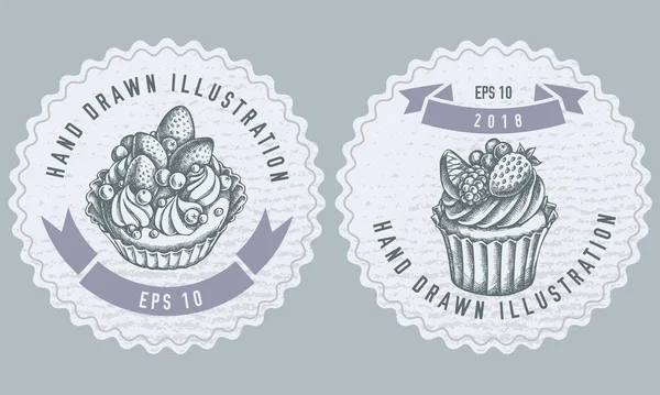 带有纸杯蛋糕、蛋糕插图的单色标签设计 — 图库矢量图片