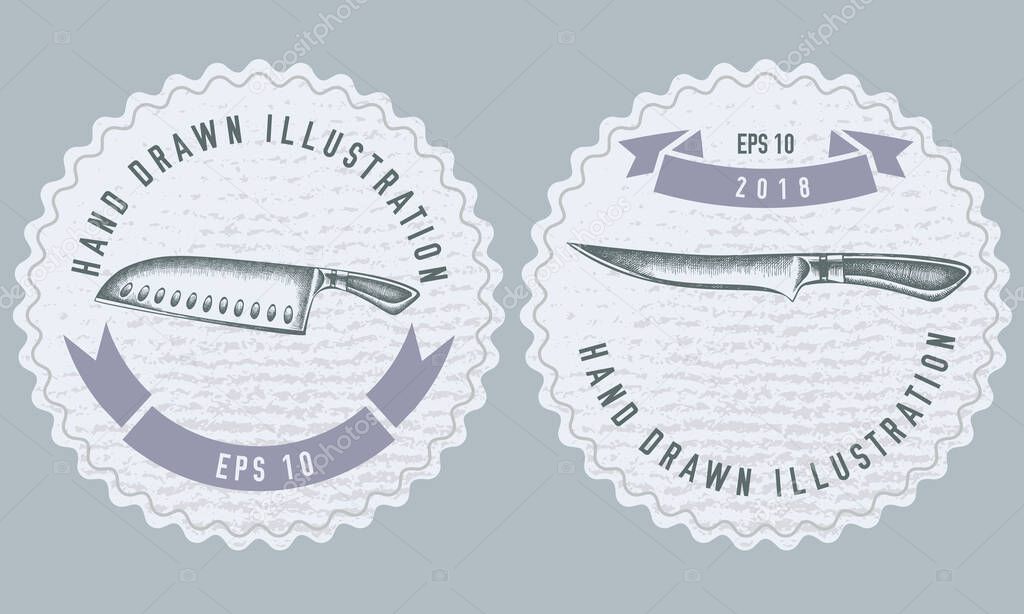 Monochrome labels design with illustration of Chef s knifes