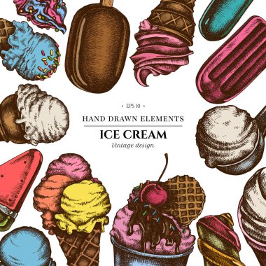 Renkli elementler tasarımı dondurma kaseleri, dondurma kovası, dondurma külahı, dondurma kepçesi, dondurma topları