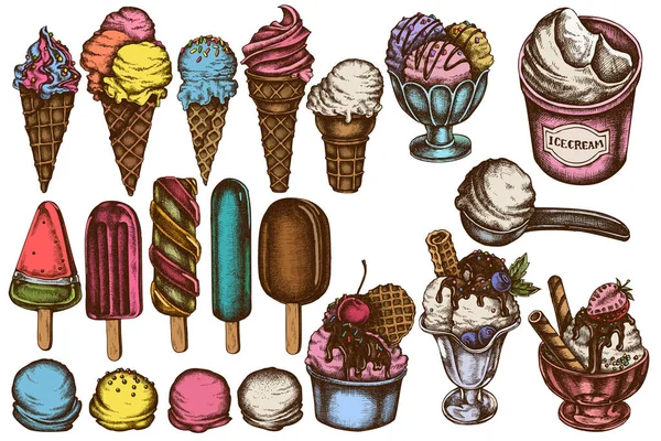 Set vettoriale di ciotole di gelato colorate disegnate a mano, secchio di gelato, gelato al ghiacciolo, coni di gelato, paletta di gelato, palline di gelato — Vettoriale Stock