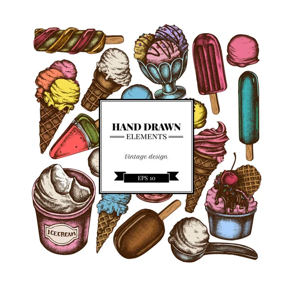 Diseño cuadrado con cuencos de helado de colores, cubo de helado, helado de paleta, conos de helado, cucharada de helado, bolas de helado — Vector de stock