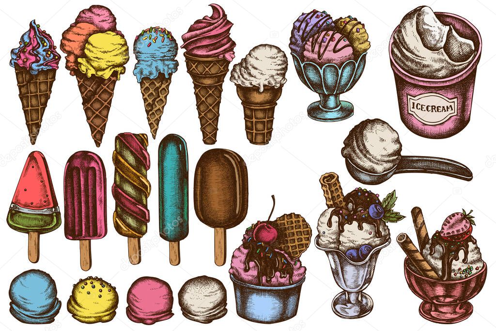 Vector set of hand drawn colored ice cream bowls, ice cream bucket, popsicle ice cream, ice cream cones, ice cream scoop, ice cream balls