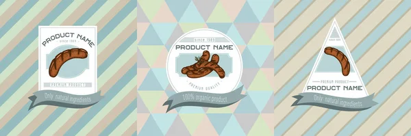 Tres etiquetas de colores con ilustración de salchichas — Vector de stock
