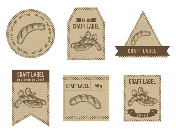 Etiquettes artisanales design vintage avec illustration de saucisses — Image vectorielle