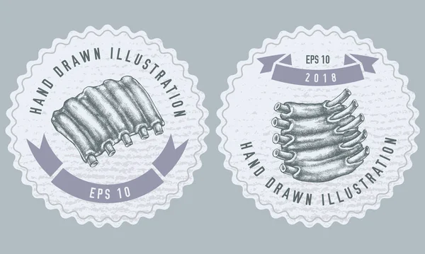 Desenho de etiquetas monocromáticas com ilustração de costelas de porco — Vetor de Stock
