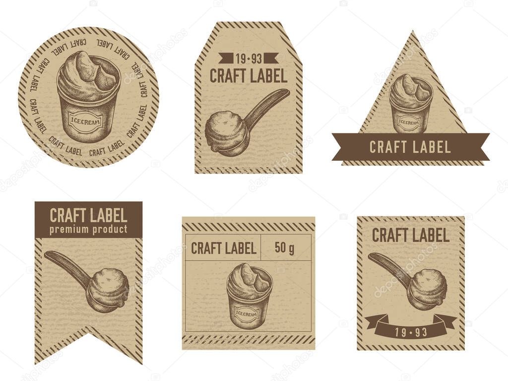Craft labels vintage design with illustration of ice cream bucket, ice cream scoop, ice cream balls stock illustration