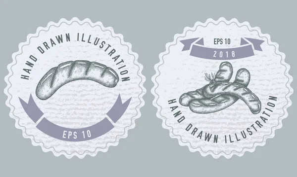 Desenho de etiquetas monocromáticas com ilustração de salsichas — Vetor de Stock
