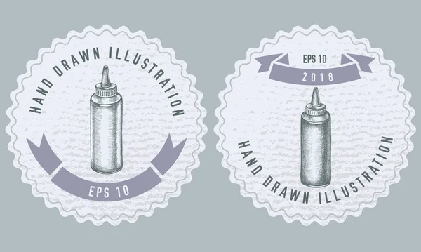 Σχεδιασμός μονοχρωματικών ετικετών με απεικόνιση μπουκαλιών σάλτσας — Διανυσματικό Αρχείο