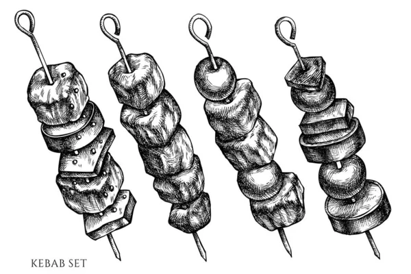 Vector set van met de hand getrokken zwart-wit kebab — Stockvector