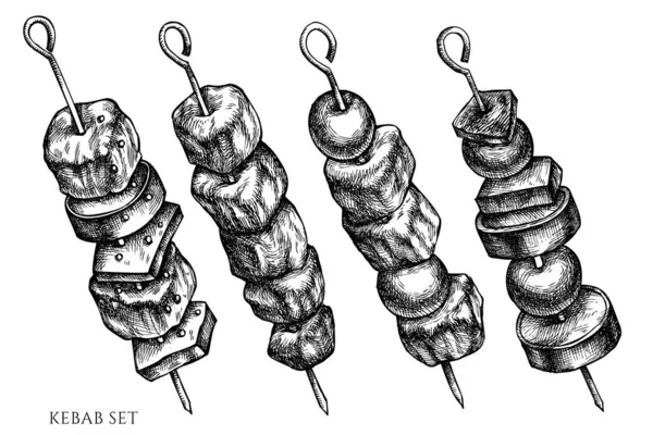 Siyah beyaz kebap çizilmiş vektör seti