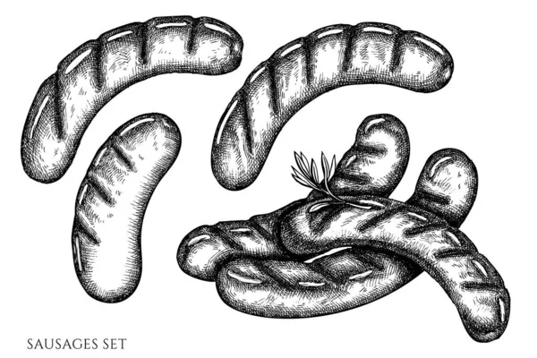 Zestaw wektorowy ręcznie rysowanych czarno-białych kiełbasek — Wektor stockowy
