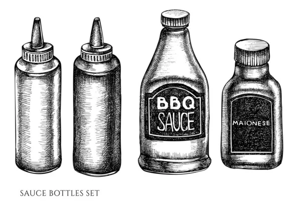 Ensemble vectoriel de bouteilles de sauce noir et blanc dessinées à la main — Image vectorielle