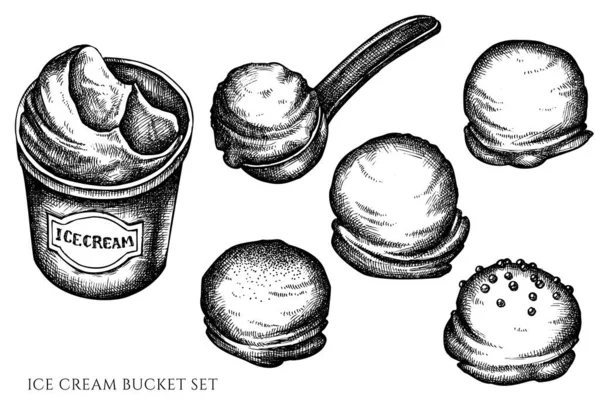 Vector set van met de hand getrokken zwart-wit ijsemmer, ijsschep, ijsballen — Stockvector