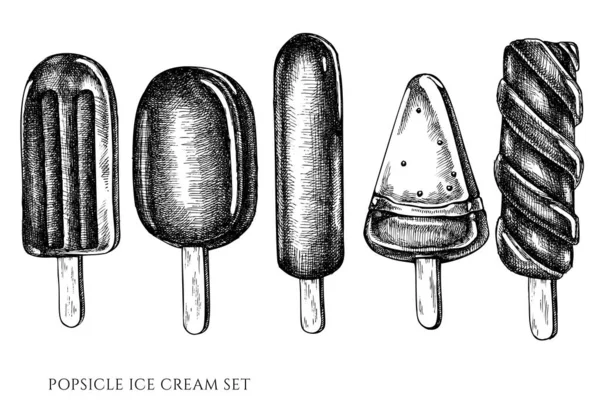 Vector set van de hand getrokken zwart-wit ijslolly — Stockvector