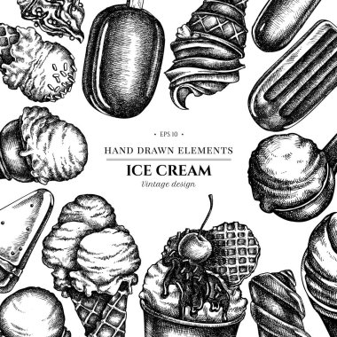 Siyah beyaz dondurma kaseleri, dondurma kovası, buzlu dondurma, dondurma külahları.,