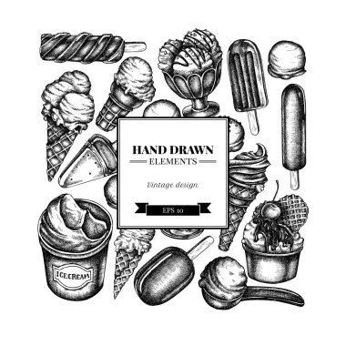 Siyah beyaz kâseli kare tasarım, dondurma kovası, buzlu dondurma, dondurma külahları.