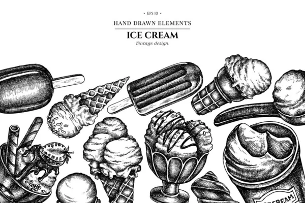 Diseño con cuencos de helado blanco y negro, cubo de helado, helado de paleta, conos de helado — Archivo Imágenes Vectoriales