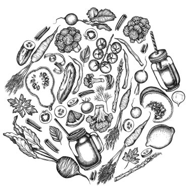 Siyah ve beyaz limonlu yuvarlak tasarım, brokoli, turp, yeşil fasulye, kiraz domatesleri, pancar, yeşillik, havuç, fesleğen, balkabağı, smoothie cup, tütün kavanozları, salatalık, kereviz