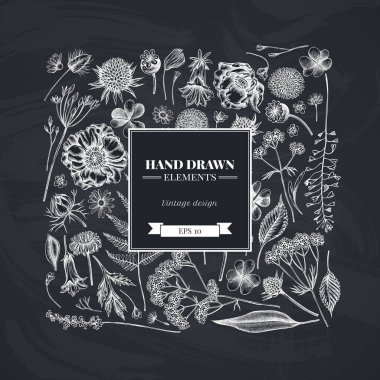 Kare çiçek desenli tebeşir çoban kesesi, fundalık, eğreltiotu, yabani sarımsak, yonca, globethistle, gentiana, astilbe, craspedia, lagurus, siyah karanfil, papatya, karahindiba, karahindiba, haşhaş çiçeği, zambak çiçeği,