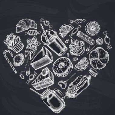 Tebeşir tarçın, makarna, lolipop, bar, şeker, portakallar, çörek ve ekmek, kruvasan ve ekmek, çilek, süt kutuları, smoothie cup, lolipop, füme kavanozlar, cheesecake, eclair