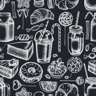 Elle çizilmiş tebeşir tarçın, makarna, lolipop, bar, şeker, portakal, çörek ve ekmek, kruvasan ve ekmek, çilek, süt kutuları, smoothie cup, lolipop, füme kavanoz.