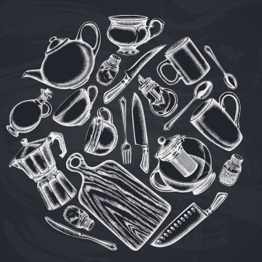 Yuvarlak tasarım, tebeşir şefleri bıçakları, çay kaşığı, kaşık, çatal, bıçak, kesme tahtası, yağ şişesi, çaydanlık, kahve demliği, fincanlar, şeker kasesi, biberlik, tuzluk