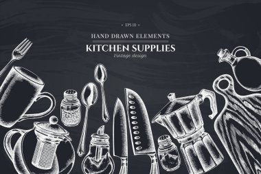 Tebeşir, çay kaşığı, kaşık, çatal, bıçak, kesme tahtası, yağ şişesi, çaydanlık, kahve demliği, şeker kasesi, biberlik, tuzluk,