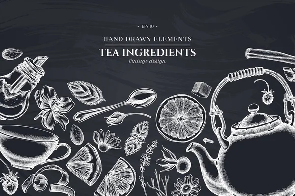Монохромний дизайн з крейдяною корицею, лимонами, апельсинами, пакетом для чаю, цукровими кубиками, метеоритом, ромашкою, трояндою собак, м'ятою, мигдалем, полуницею, чайною ложкою, чайниками, чашками, цукровою чашкою — стоковий вектор