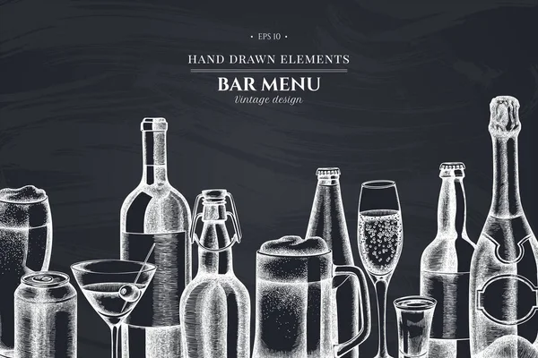 Monochroom design met krijtglas, champagne, biermok, alcoholschot, flesjes bier, fles wijn, glas champagne, glas wijn, glas martini, aluminium blikje — Stockvector