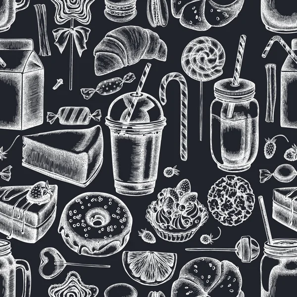 Seamless pattern with hand drawn chalk cinnamon, macaron, lollipop, bar, candies, oranges, buns and bread, croissants and bread, strawberry, milk boxes, smoothie cup, lollipop, smothie jars — Stock Illustration Seamless pattern with hand drawn chalk cinnamon, macaron, lollipop, bar, candies, oranges, buns and bread, croissants and bread, strawberry, milk boxes, smoothie cup, lollipop, smothie jars Royalty Free Stock Illustrations