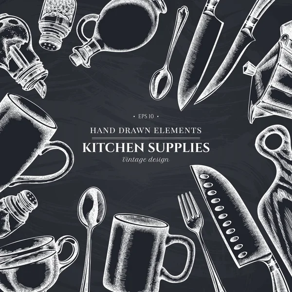 Monochrome design met krijt Chefs messen, theelepel, lepel, vork, mes, snijplank, fles olie, theepotten, koffiepot, kopjes, suikerpot, peper shaker, zout shaker — Stockvector