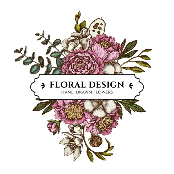 Blommig bukett design med färgade fikus, eukalyptus, pion, bomull, freesia, brunia — Stock vektor