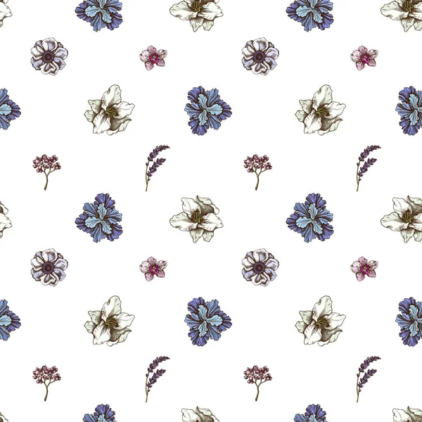 Бесшовный рисунок с нарисованным вручную анемоном, лавандой, розмарином вечной, фаленопсисом, лилией, радужной оболочкой — стоковый вектор