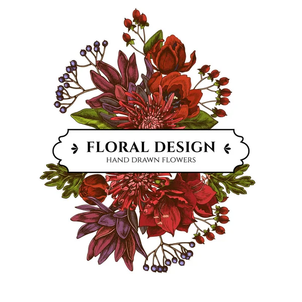 Diseño de ramo floral con viburno de colores, hypericum, tulipán, astro, leucadendro, amarilis — Vector de stock