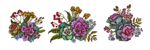 Квітковий букет з кольорової воскової квітки, забувай мене не квітка, пихатість, палючість, бразилія, декоративна капуста — стоковий вектор