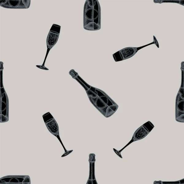 Modèle sans couture avec champagne stylisé dessiné à la main, verre de champagne — Image vectorielle