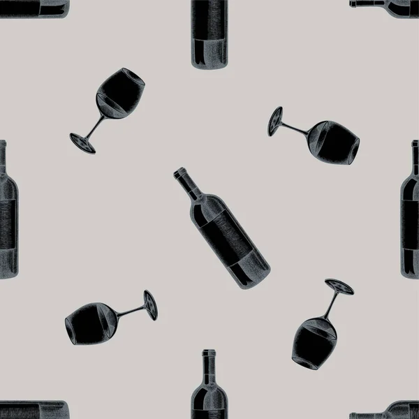 Απρόσκοπτη μοτίβο με ζωγραφισμένο στο χέρι μπουκάλι κρασί, ποτήρι κρασί — Διανυσματικό Αρχείο