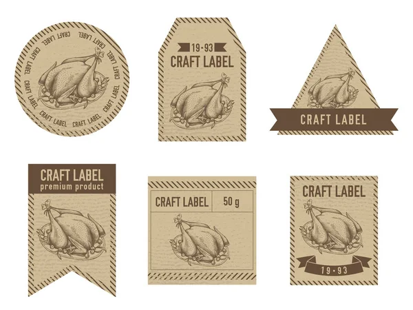 Etiquetas artesanales diseño vintage con ilustración de pavo — Archivo Imágenes Vectoriales
