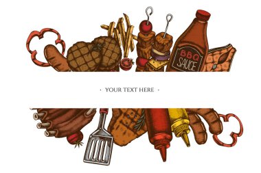 Renkli spatula, domuz kaburgası, kebap, sosis, biftek, sos şişesi, ızgara burger köftesi, ızgara domates, ızgara somon bifteği, ızgara dolmalık biber.