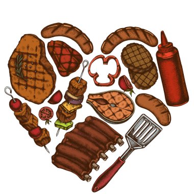 Renkli spatula, domuz kaburgası, kebap, sosis, biftek, sos şişesi, ızgara burger köftesi, ızgara domates, ızgara somon bifteği, ızgara dolma biber.