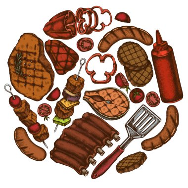 Renkli spatula, domuz kaburgası, kebap, sosis, biftek, sos şişesi, ızgara burger köftesi, ızgara domates, ızgara somon bifteği, ızgara dolma biber.
