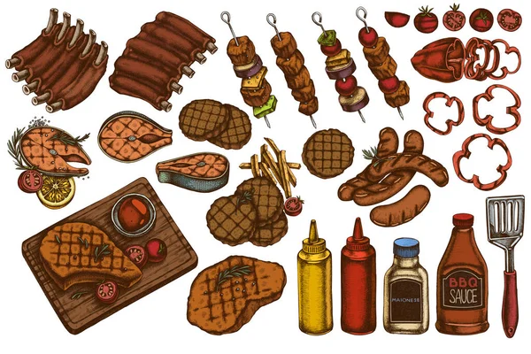 Ensemble vectoriel de spatules colorées dessinées à la main, côtes de porc, kebab, saucisses, steak, bouteilles de sauce, galettes de hamburger grillées, tomate grillée, steak de saumon grillé, poivron grillé — Image vectorielle