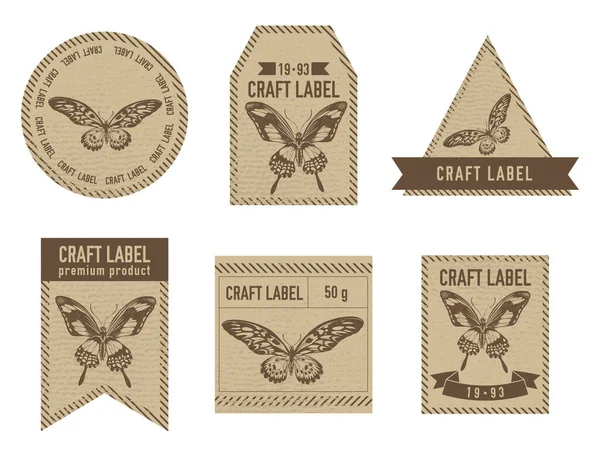 Etichette artigianali design vintage con illustrazione di coda forcuta gigante africana, papilio torquatus — Vettoriale Stock