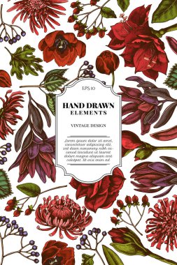 Renkli viburum, hypericum, lale, aster, lökosadendron, amilis içeren kart tasarımı