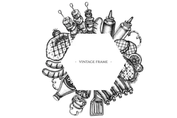 Frames met zwart-wit spatel, varkensribbetjes, kebab, worst, biefstuk, saus flessen, gegrilde burger pasteitjes, gegrilde tomaat, gegrilde zalm steak, gegrilde paprika — Stockvector