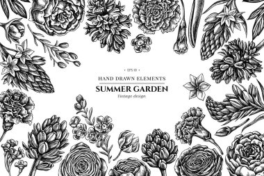 Siyah beyaz şakayık, karanfil, ranunculus, balmumu çiçeği, ornithogalum ve sümbül içeren çiçek tasarımı.
