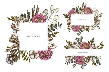 Renkli çiçekli çerçeveler, okaliptüs, şakayık, pamuk, frezya, brunya